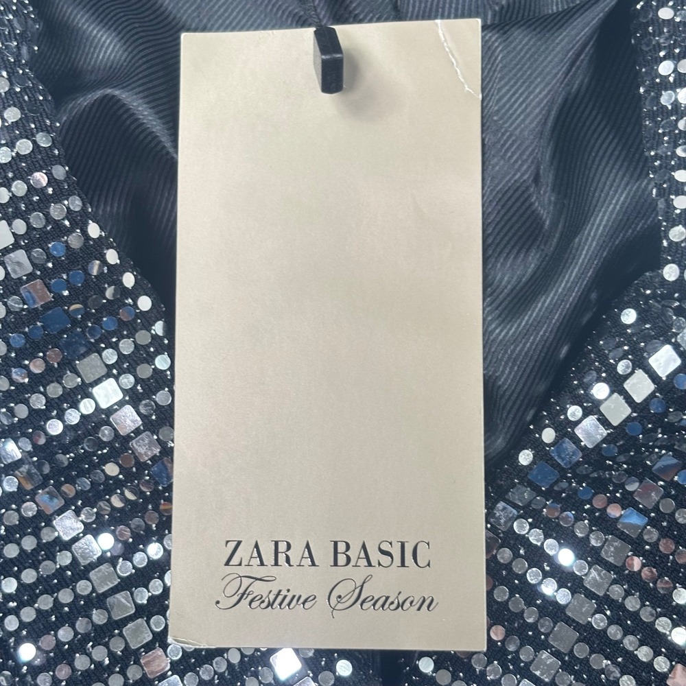 Zara Basic Sequin Mini Dress Size 4 Silver Festive Long Sleeve V-Neck NWT Womens - Picture 4 of 7
